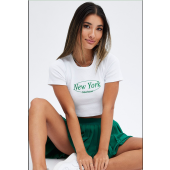 White Tee Crop Short Sleeve New York Embroidery
