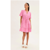 Pink Shirt Dress Short Sleeve V-Neck Tiered