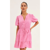 Pink Shirt Dress Short Sleeve V-Neck Tiered
