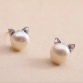 Stud Earrings Creative Simple Craft Cute Animal 925 Sterling Silver Pin Jewelry Small Cat Pierced Pearl Female Women Dainty