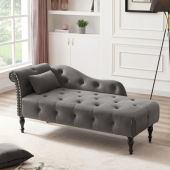 Aijia 60.6" Velvet Chaise Lounge Buttons Tufted Nailhead Trimmed Solid Wood Legs with 1 Pillow,Grey (Left Arm Design as Shown in the Picture)