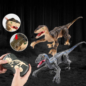 2.4G 5CH RC Raptors Velociraptor Dinosaur Electric Walking Simulation Animal Remote Control Jurassic Dinobot Model with Sound and Lights Toy for Kids Gift - Brown