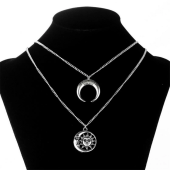 Vintage Sun Moon Pendant Necklace Charm Chain Multilayer Necklace Jewelry For Women - Silver