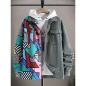 Men 1pc Patchwork Print Flap Pocket Overcoat Without Hoodie