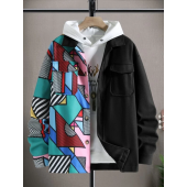 Men 1pc Patchwork Print Flap Pocket Overcoat Without Hoodie