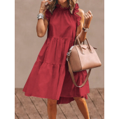 Women Solid Color Ruffles Trim Sleeveless Simple Midi Dresses