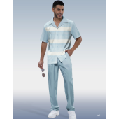Blue Textured Two-Piece Short Sleeve Printed Walking Set