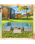 Outdoor Garden Patio Furniture 7-Piece Light Gray PE Rattan Wicker Sectional Teal Color Cushioned Sofa Sets