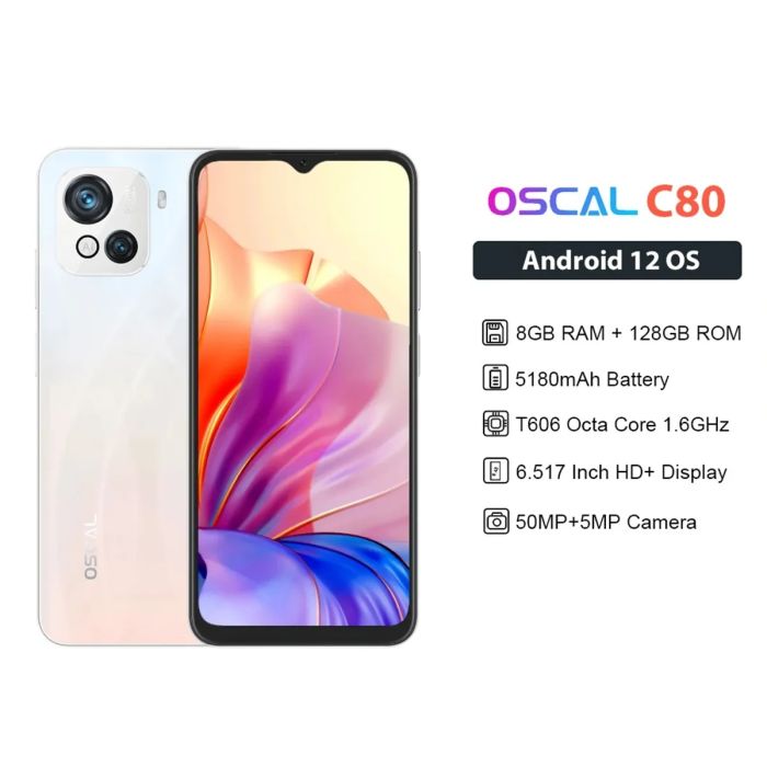 Blackview Oscal C80 8GB+128GB Smartphone 50MP Camera 6.5 Inch 90Hz Display 5180mAh Cellphones Octa Core Android 12 Mobile Phone