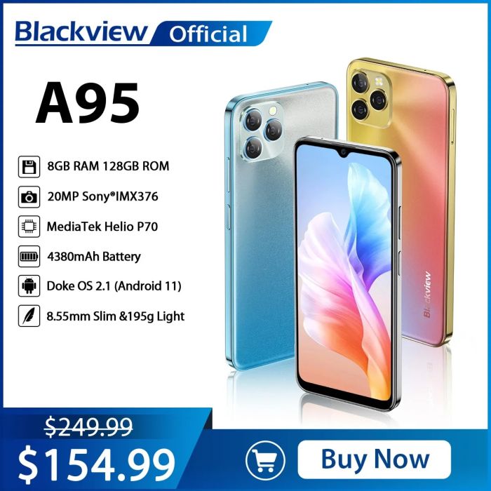 Blackview A95 Smartphone Helio P70 Octa Core Android 11 Mobile Phone 8GB+128GB 6.528" HD+ Display 20MP Camera 4380mAh Cellphone