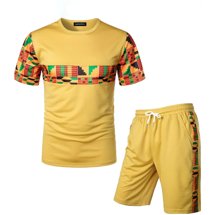 Men's Printed Colorblock T-Shirt and Shorts Set 022
