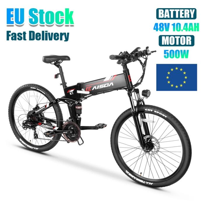 KAISDA K1 26 inch Electric Bike Moped Folding Mountain Bicycle 500W Motor 7-Speeds Derailleur LCD Display 10.4Ah