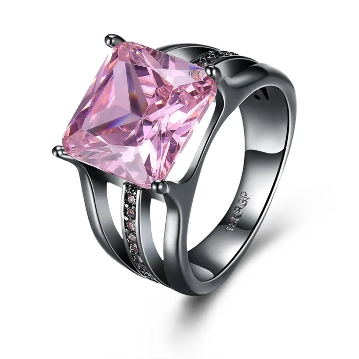 INALIS Elegant 12mm Gun Black Plated Zircon Rhinestone Diamond Rings Gift for Women - 7 Pink