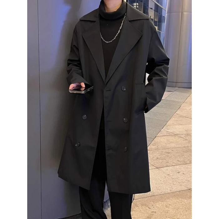 Men Double Breasted Lapel Collar Trench Coat