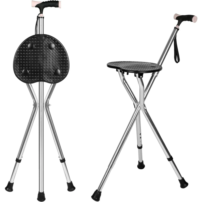 Folding Cane Seat Combo 400 lbs Capacity Portable Cane Stool Handy Folding Crutch Chair Seat 3 Legs Thick Aluminum Walking Stick Tall Unisex for Elderly