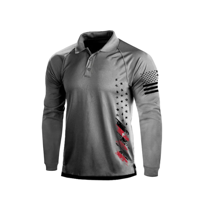 American Flag Grey Long Sleeve Polo Shirt