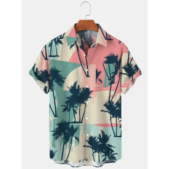 Men's 50's Vintage Casual Hawaiian Shirts Palm Tree Seersucker Wrinkle Free Tops